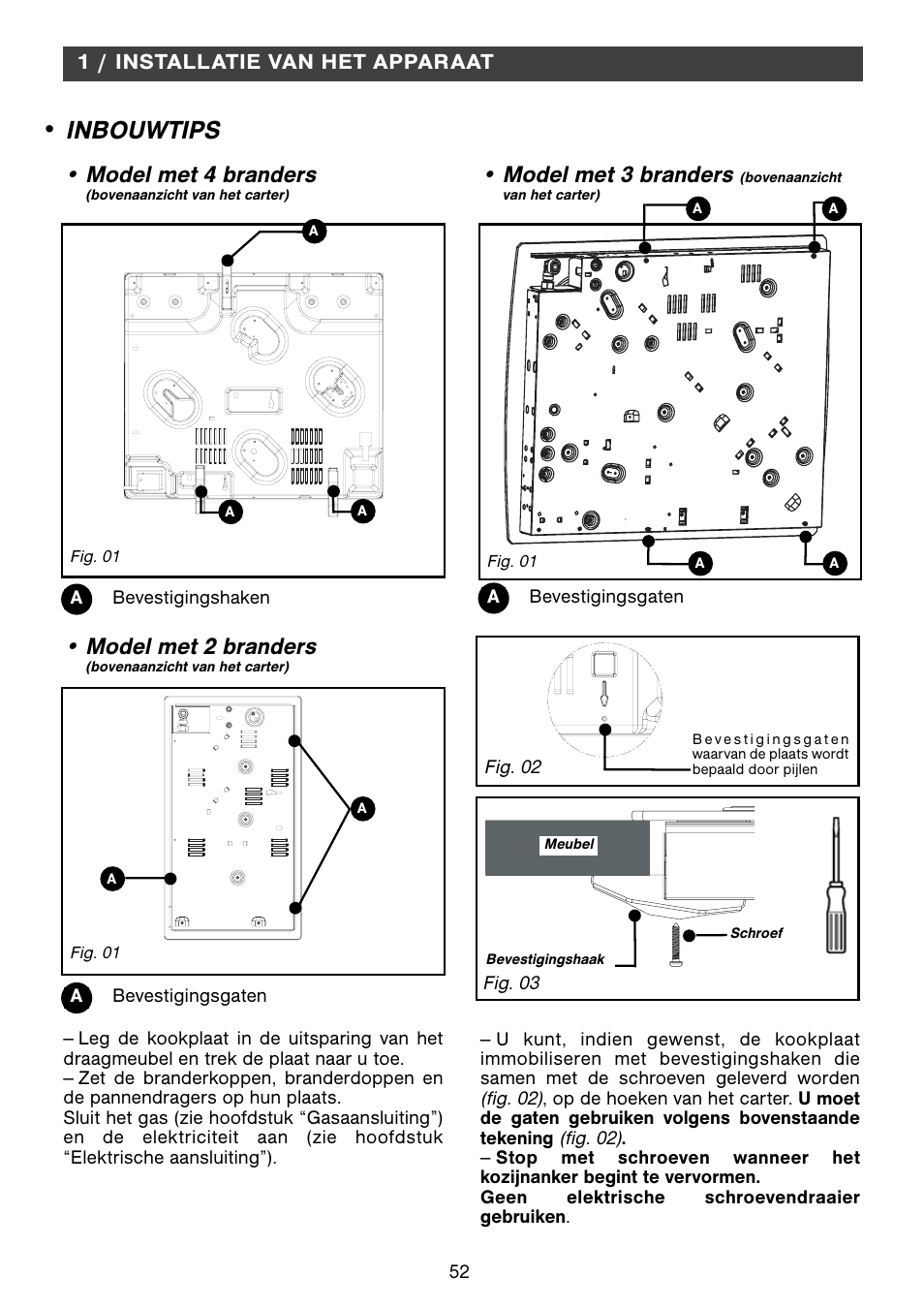 Inbouwtips, Model met 4 branders, Model met 3 branders | Model met 2 branders, 1 / installatie van het apparaat | Fagor 2MCF-2GSAXBUT User Manual | Page 52 / 68