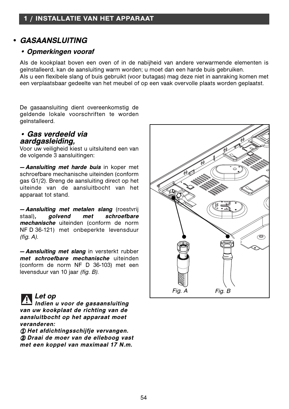 Gas verdeeld via aardgasleiding, Gasaansluiting, Let op | Opmerkingen vooraf | Fagor 2MCF-2GSAXBUT User Manual | Page 54 / 68