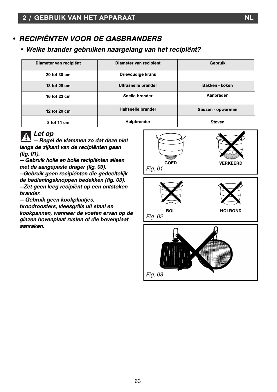 Recipiënten voor de gasbranders, 2 / gebruik van het apparaat | Fagor 2MCF-2GSAXBUT User Manual | Page 63 / 68