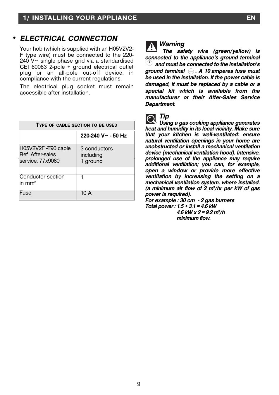 Electrical connection, Warning | Fagor 2MCF-2GSAXBUT User Manual | Page 9 / 68