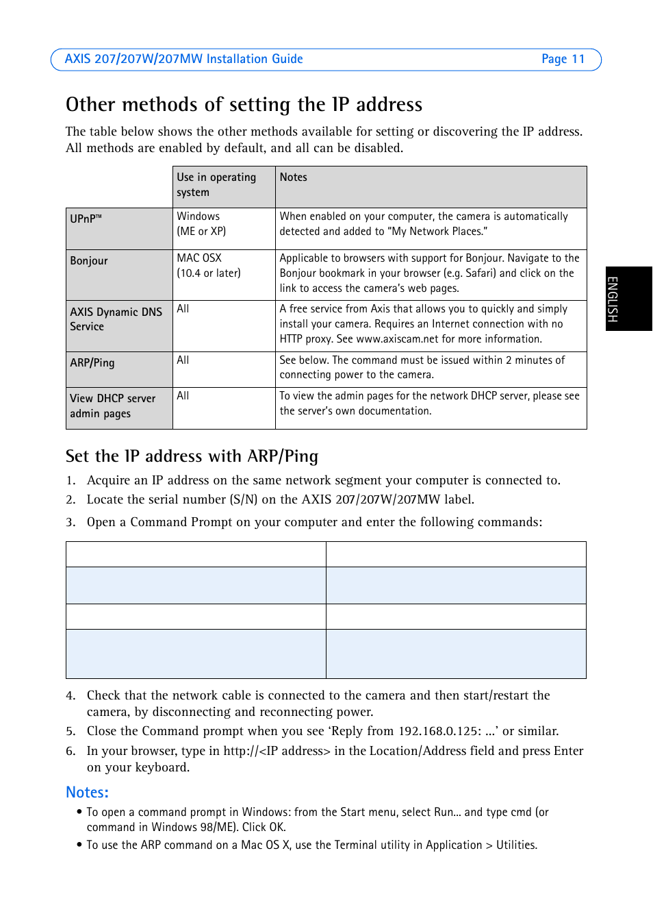 Other methods of setting the ip address, Set the ip address with arp/ping | Axis Communications AXIS 207W User Manual | Page 11 / 73