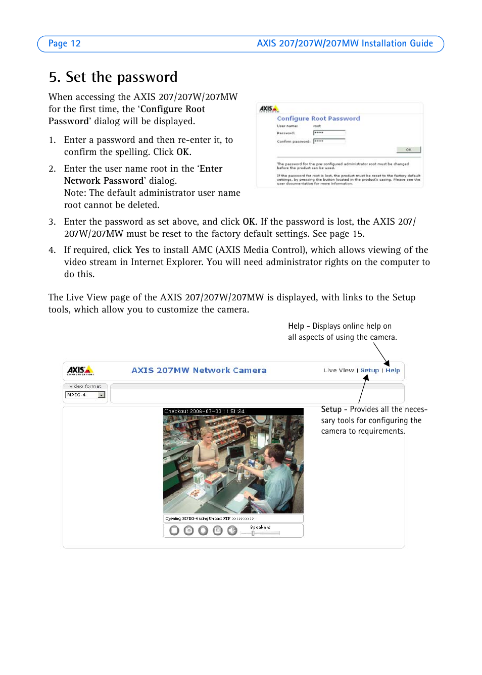 Set the password | Axis Communications AXIS 207W User Manual | Page 12 / 73