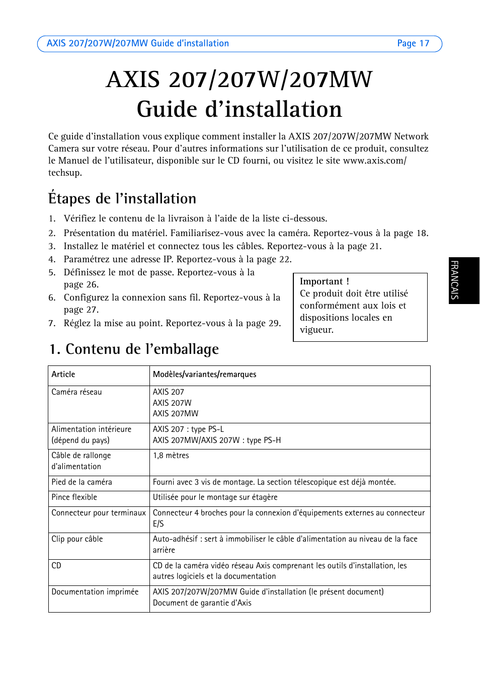 Axis 207/207w/207mw guide d'installation, Étapes de l'installation, Contenu de l'emballage | Guide d'installation | Axis Communications AXIS 207W User Manual | Page 17 / 73