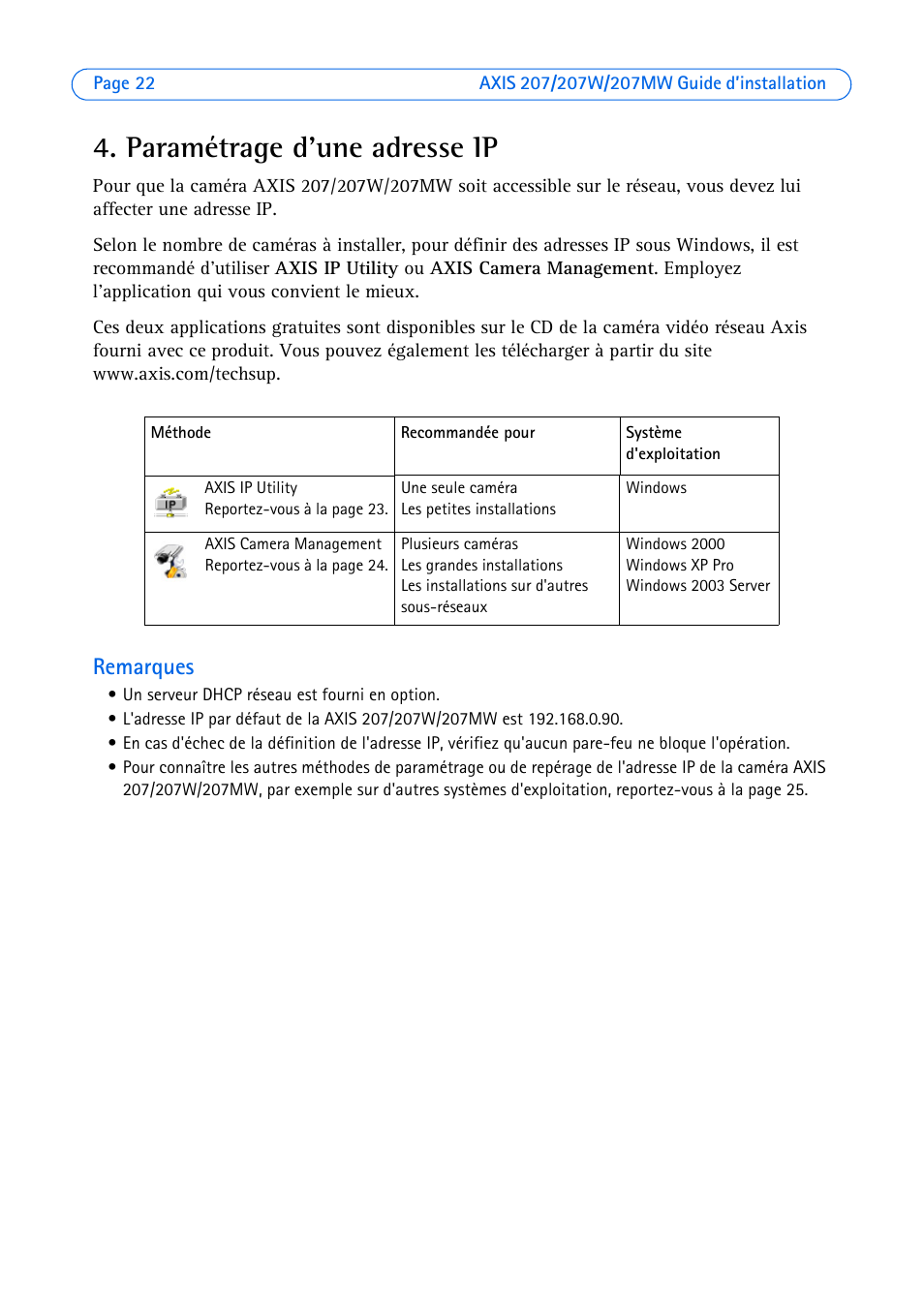 Paramétrage d'une adresse ip, Remarques | Axis Communications AXIS 207W User Manual | Page 22 / 73