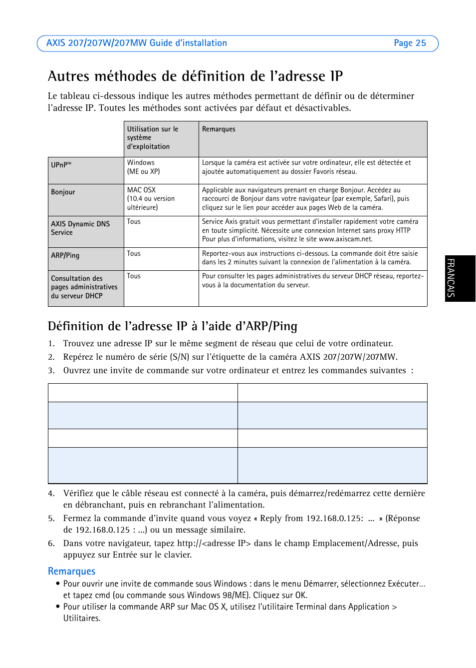 Autres méthodes de définition de l'adresse ip, Définition de l'adresse ip à l'aide d'arp/ping, Remarques | Axis Communications AXIS 207W User Manual | Page 25 / 73