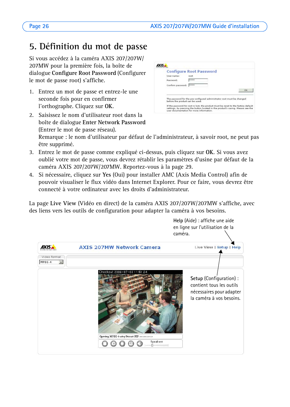 Définition du mot de passe | Axis Communications AXIS 207W User Manual | Page 26 / 73