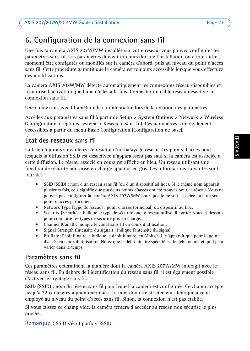 Configuration de la connexion sans fil, État des réseaux sans fil, Paramètres sans fil | Remarque | Axis Communications AXIS 207W User Manual | Page 27 / 73