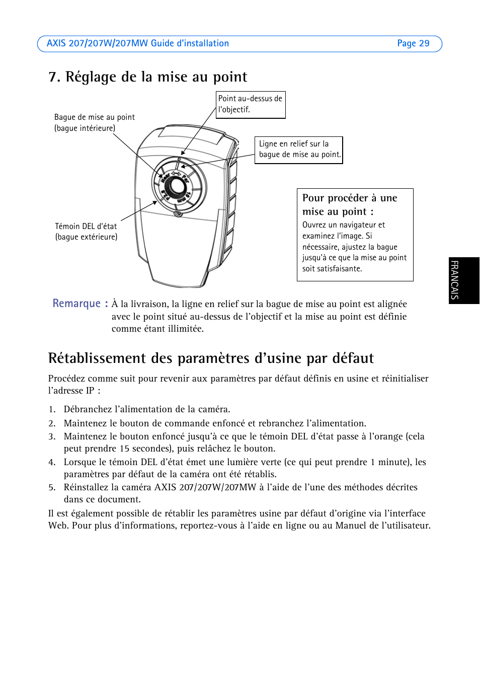 Réglage de la mise au point, Rétablissement des paramètres d'usine par défaut | Axis Communications AXIS 207W User Manual | Page 29 / 73