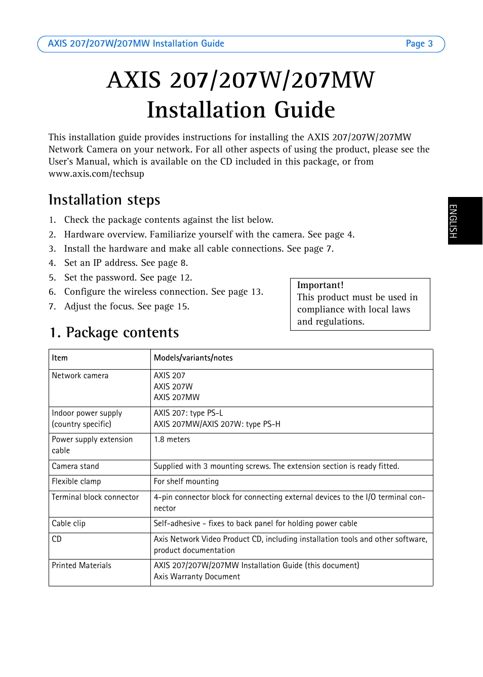 Axis 207/207w/207mw installation guide, Installation steps, Package contents | Installation guide | Axis Communications AXIS 207W User Manual | Page 3 / 73