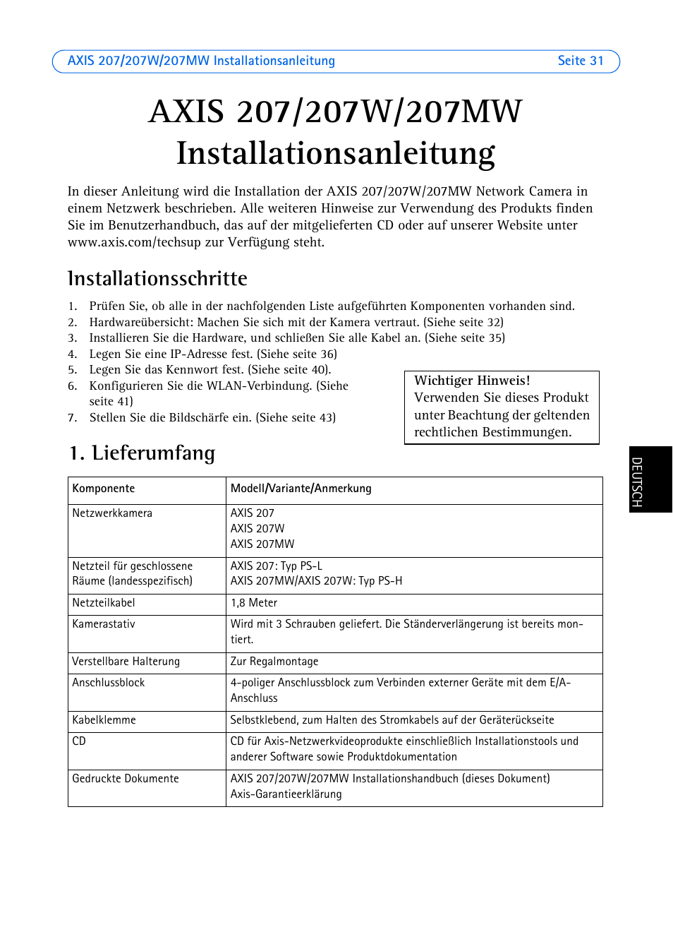 Axis 207/207w/207mw installationsanleitung, Installationsschritte, Lieferumfang | Installationsanleitung | Axis Communications AXIS 207W User Manual | Page 31 / 73