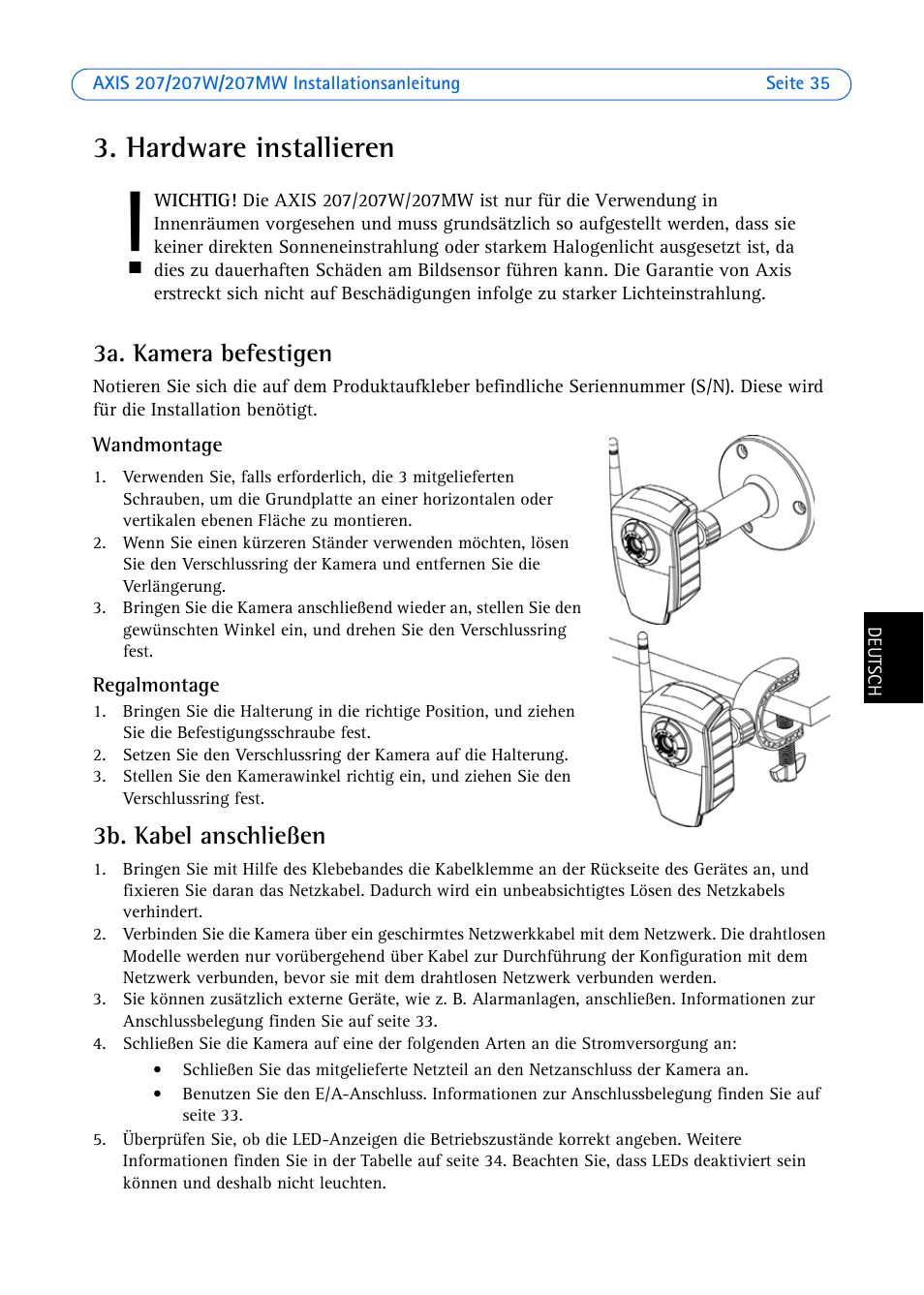 Hardware installieren, He seite 35), 3a. kamera befestigen | 3b. kabel anschließen | Axis Communications AXIS 207W User Manual | Page 35 / 73