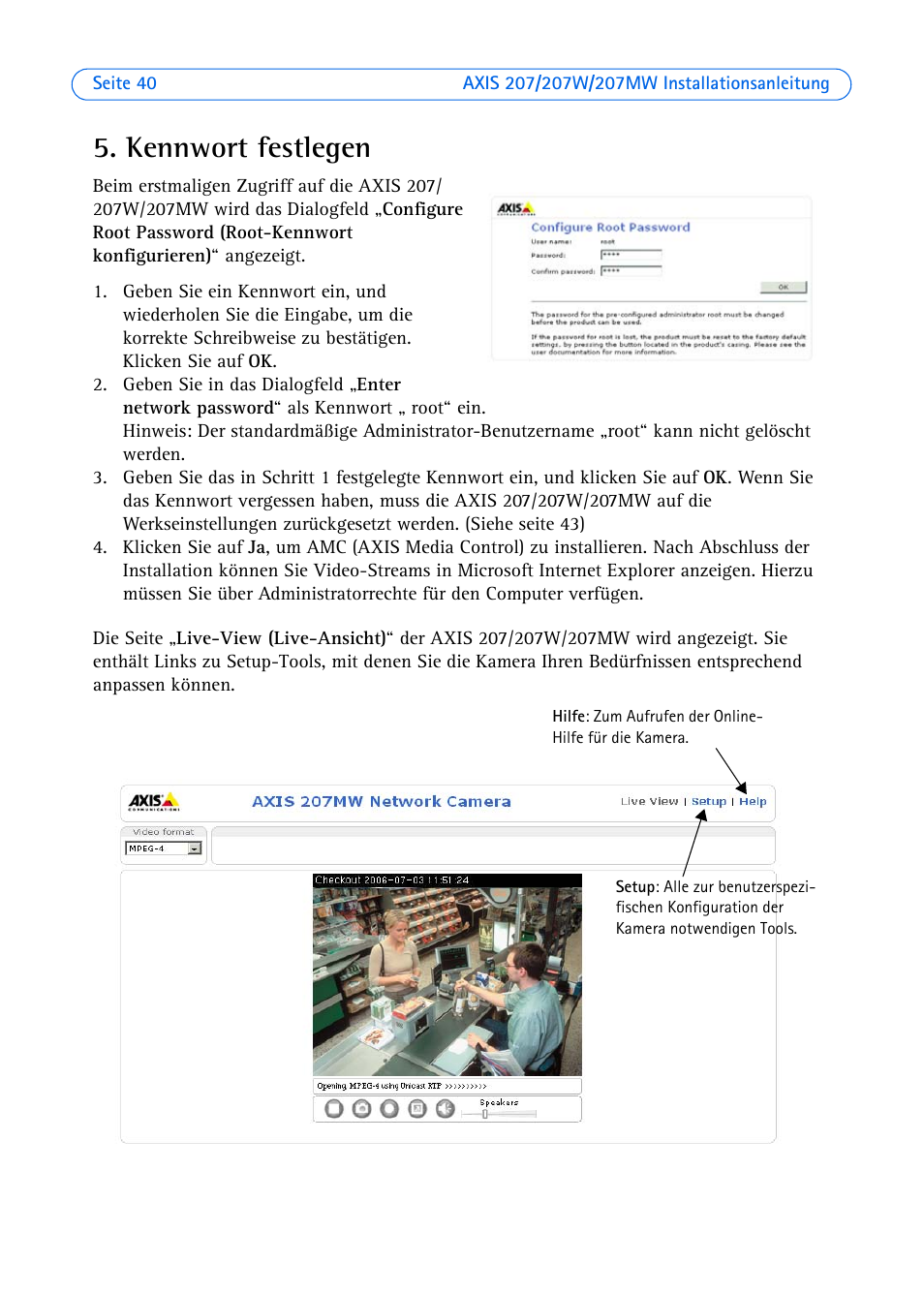 Kennwort festlegen, He seite 40 | Axis Communications AXIS 207W User Manual | Page 40 / 73
