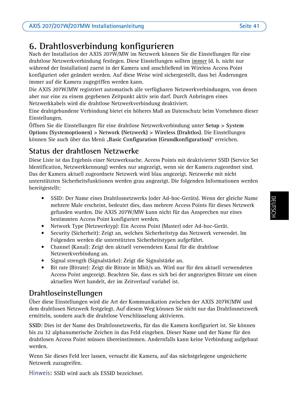 Drahtlosverbindung konfigurieren, Seite 41), Status der drahtlosen netzwerke | Drahtloseinstellungen | Axis Communications AXIS 207W User Manual | Page 41 / 73