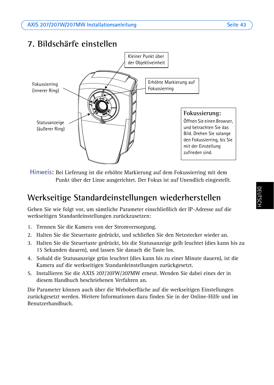 Bildschärfe einstellen, Werkseitige standardeinstellungen wiederherstellen, Seite 43 | Axis Communications AXIS 207W User Manual | Page 43 / 73