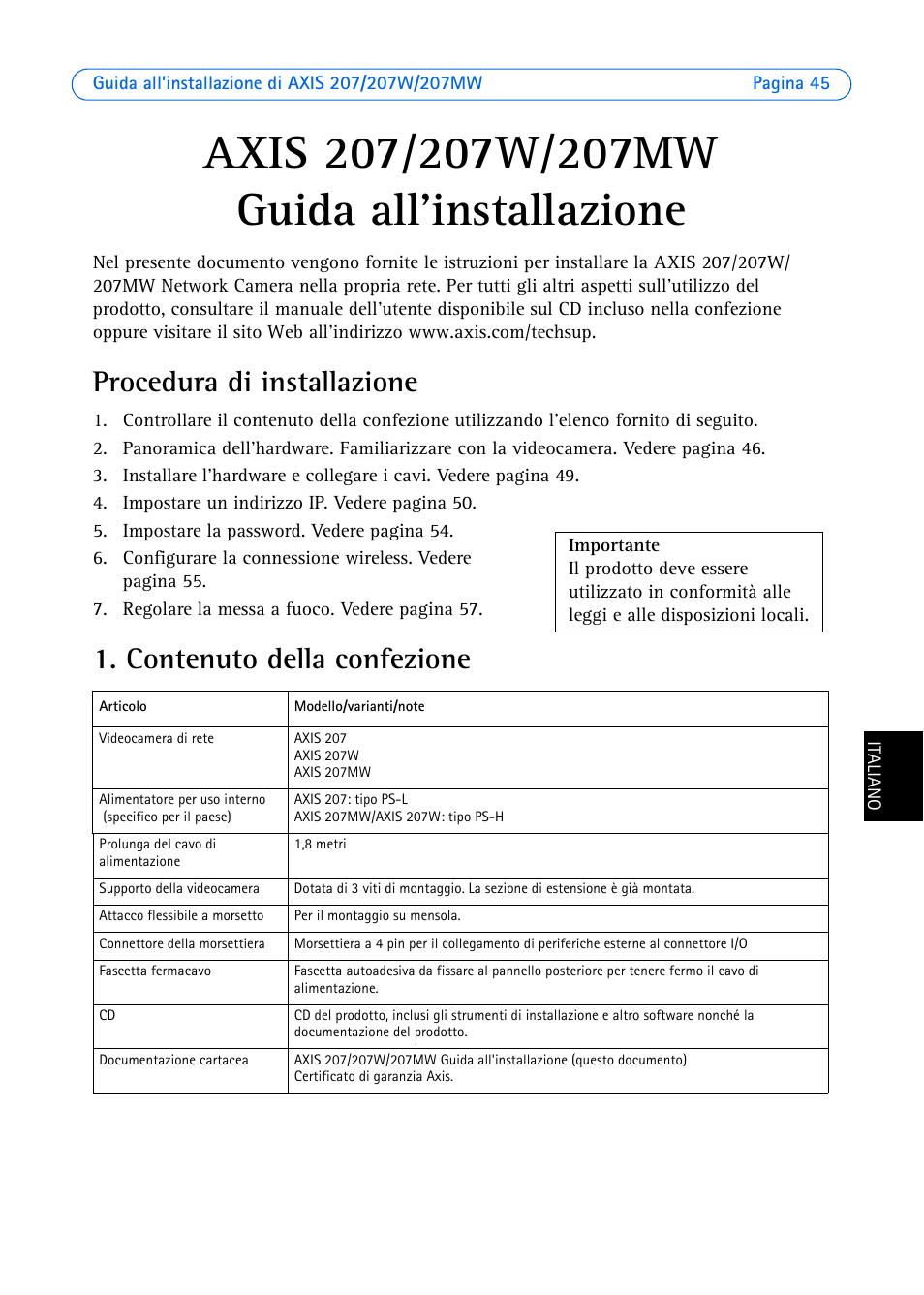 Axis 207/207w/207mw guida all'installazione, Procedura di installazione, Contenuto della confezione | Guida all'installazione | Axis Communications AXIS 207W User Manual | Page 45 / 73