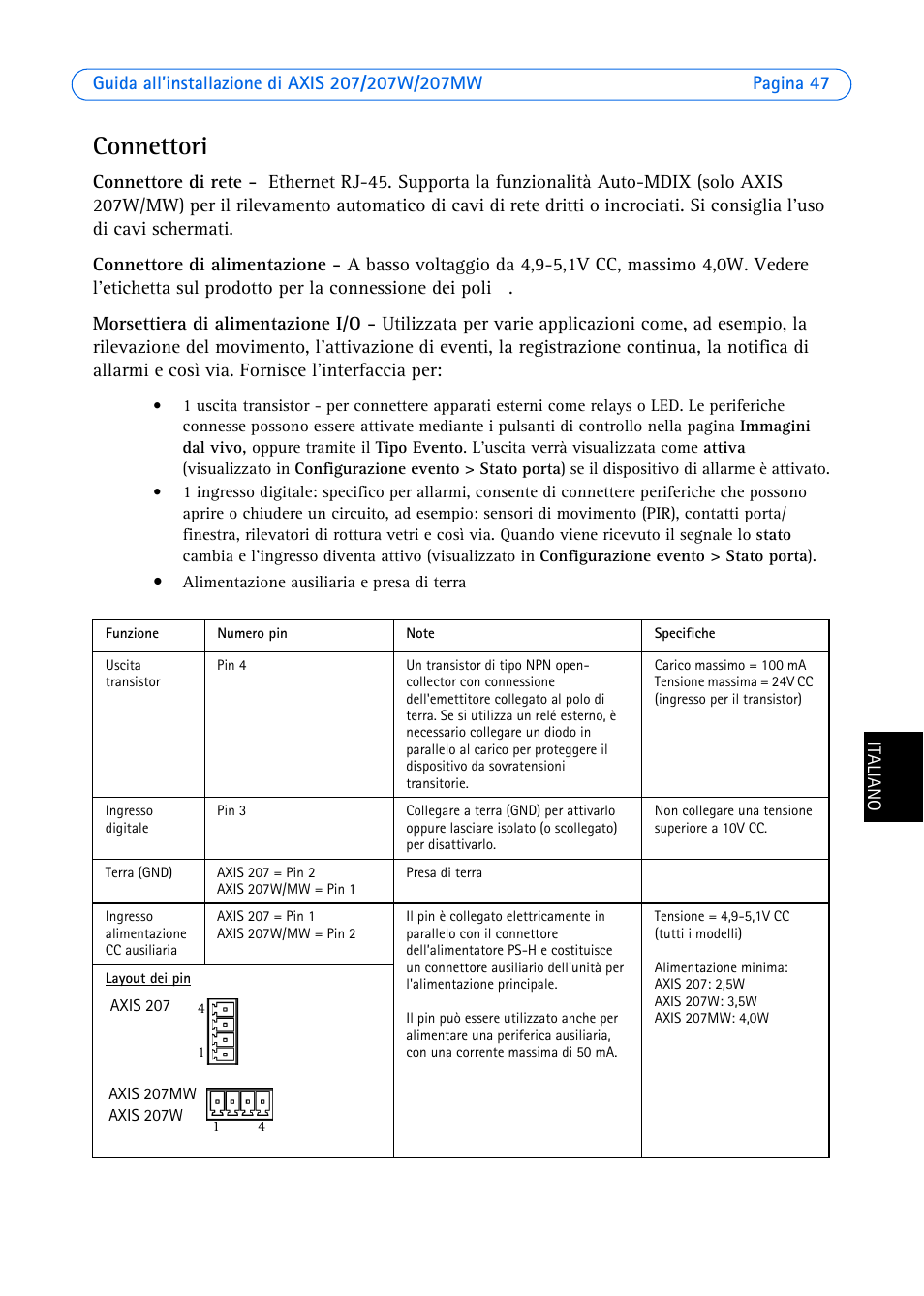 Connettori | Axis Communications AXIS 207W User Manual | Page 47 / 73