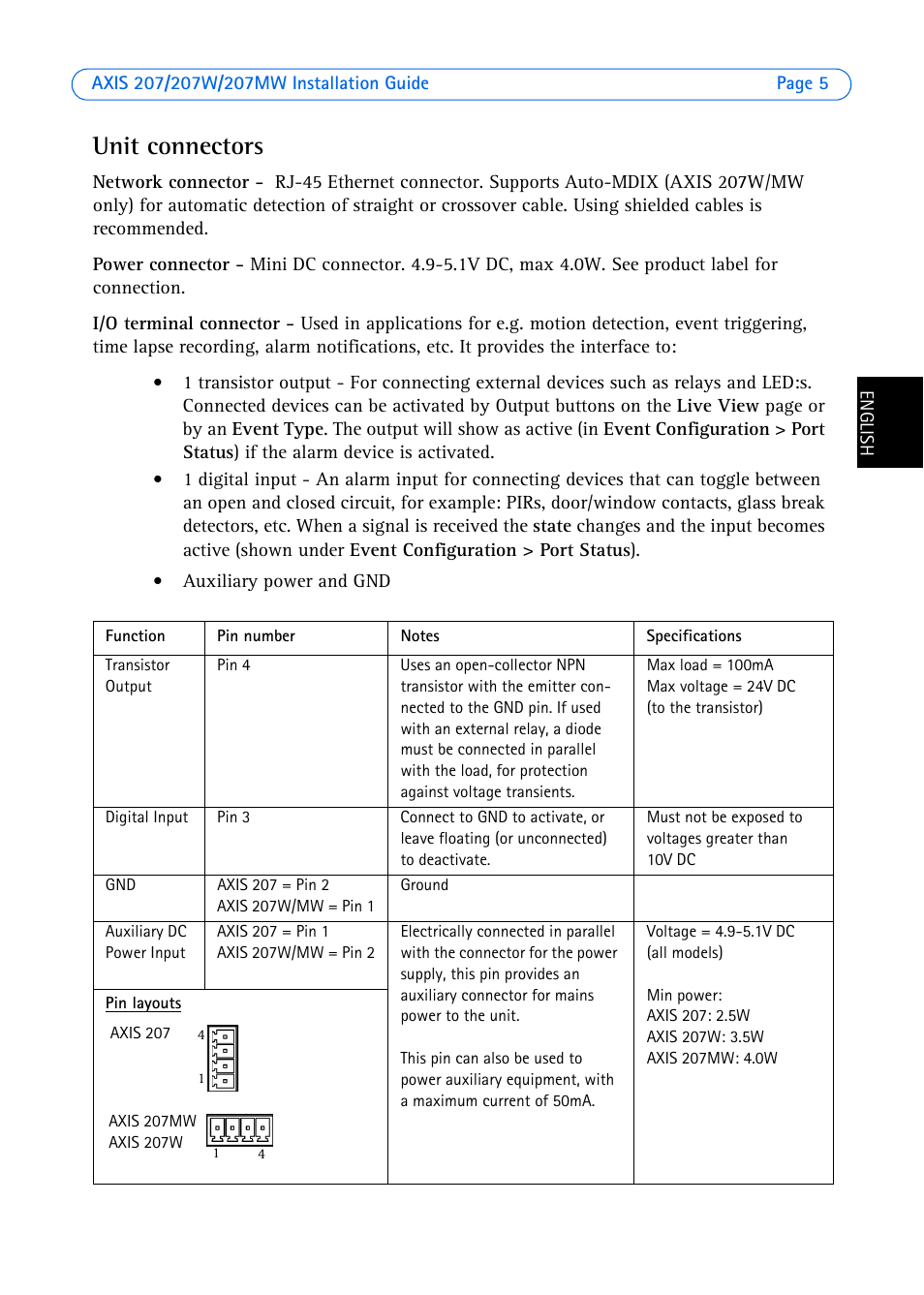 Unit connectors | Axis Communications AXIS 207W User Manual | Page 5 / 73