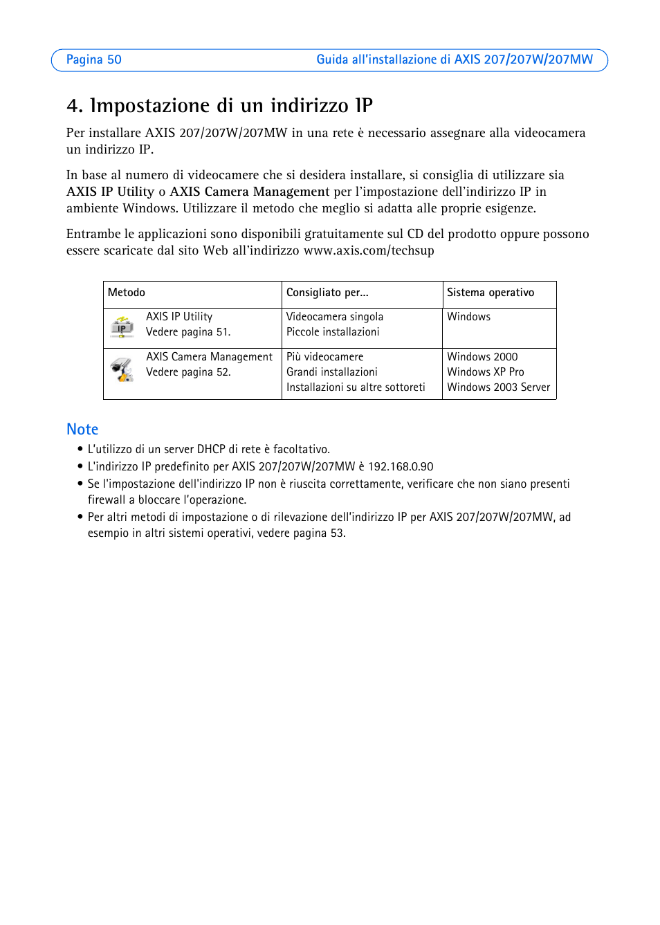 Impostazione di un indirizzo ip | Axis Communications AXIS 207W User Manual | Page 50 / 73