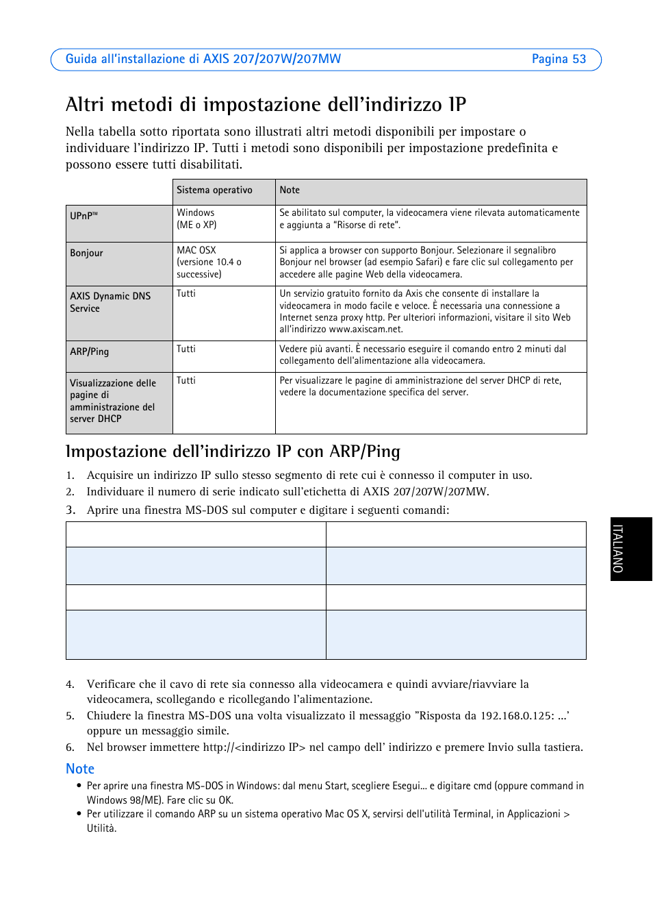 Altri metodi di impostazione dell’indirizzo ip, Impostazione dell'indirizzo ip con arp/ping | Axis Communications AXIS 207W User Manual | Page 53 / 73
