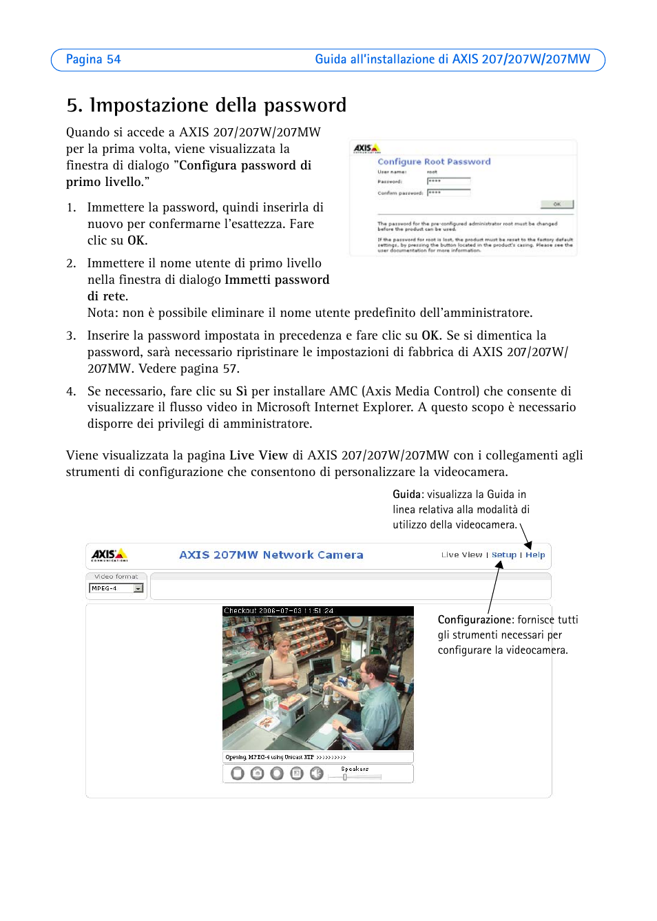 Impostazione della password | Axis Communications AXIS 207W User Manual | Page 54 / 73