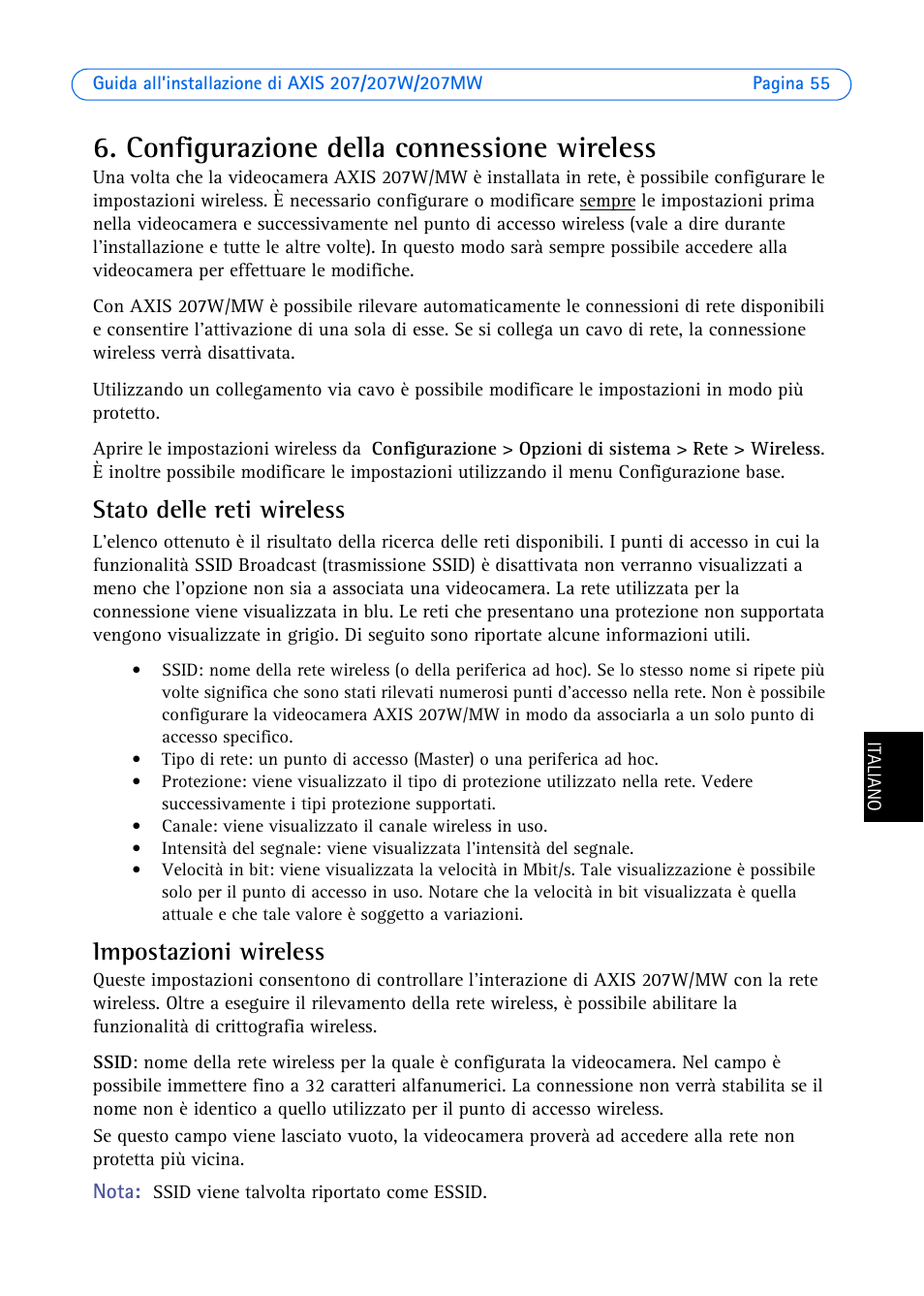 Configurazione della connessione wireless, Stato delle reti wireless, Impostazioni wireless | Axis Communications AXIS 207W User Manual | Page 55 / 73