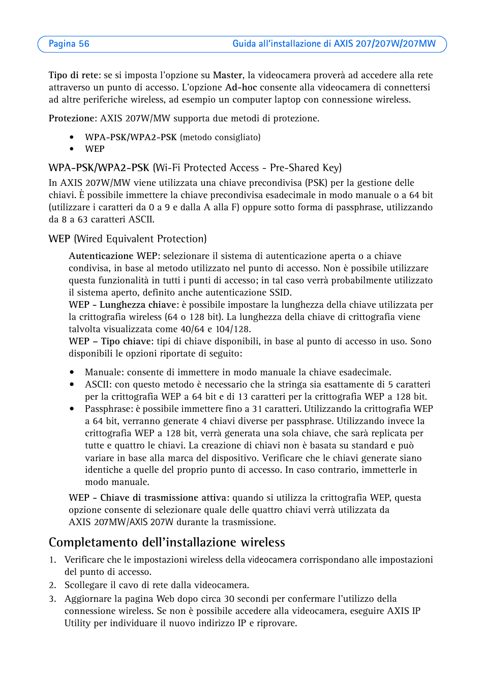 Completamento dell'installazione wireless | Axis Communications AXIS 207W User Manual | Page 56 / 73