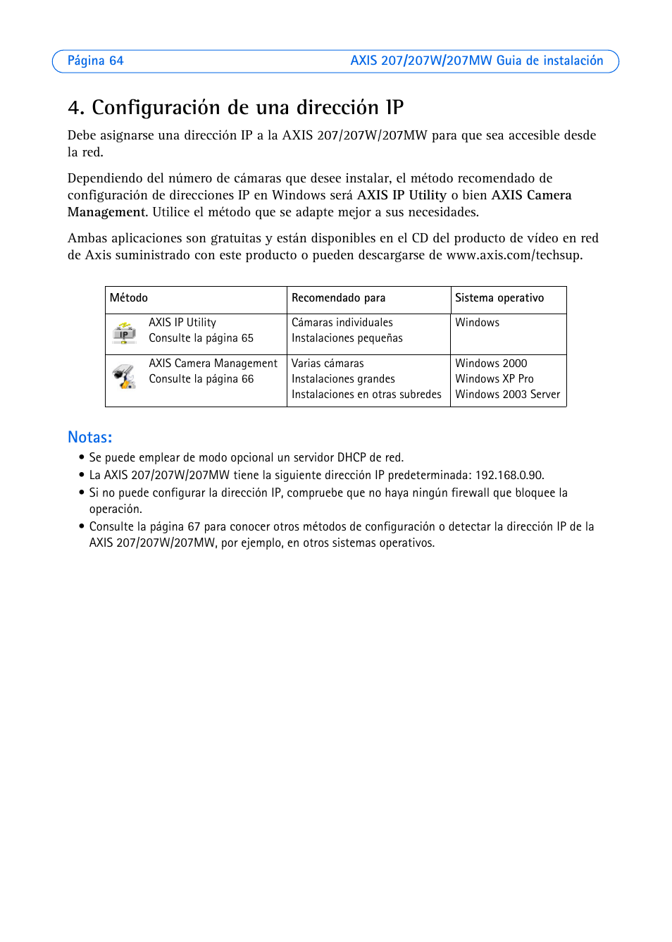 Configuración de una dirección ip, Notas | Axis Communications AXIS 207W User Manual | Page 64 / 73