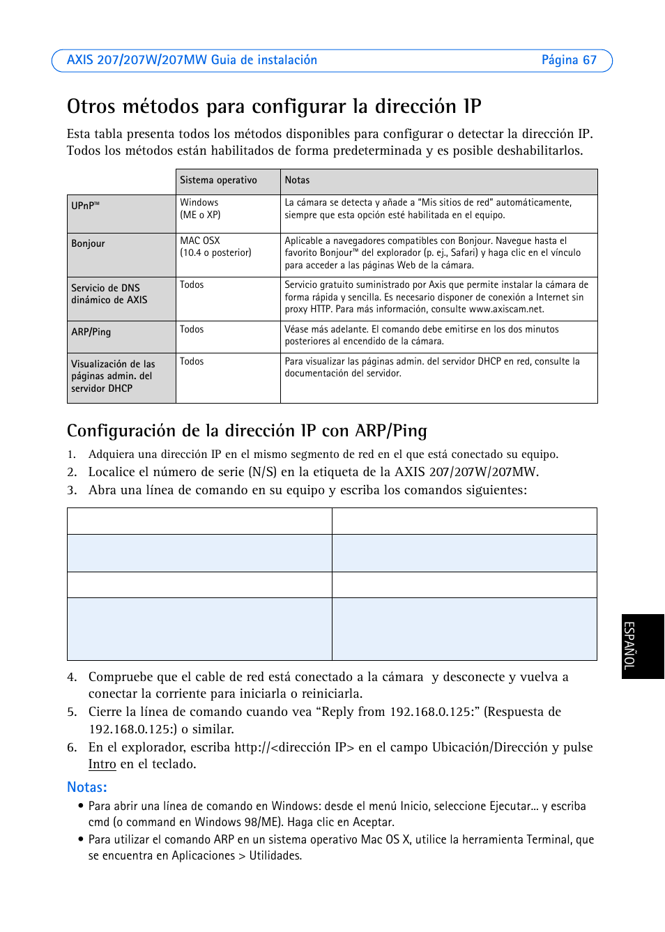 Otros métodos para configurar la dirección ip, Configuración de la dirección ip con arp/ping, Notas | Axis Communications AXIS 207W User Manual | Page 67 / 73