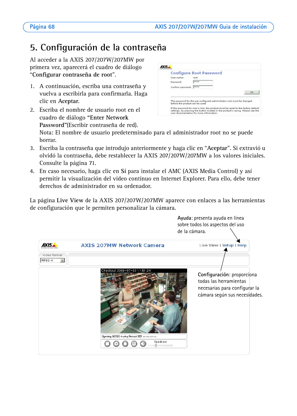 Configuración de la contraseña | Axis Communications AXIS 207W User Manual | Page 68 / 73