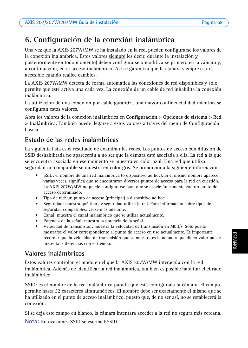 Configuración de la conexión inalámbrica, Estado de las redes inalámbricas, Valores inalámbricos | Nota | Axis Communications AXIS 207W User Manual | Page 69 / 73