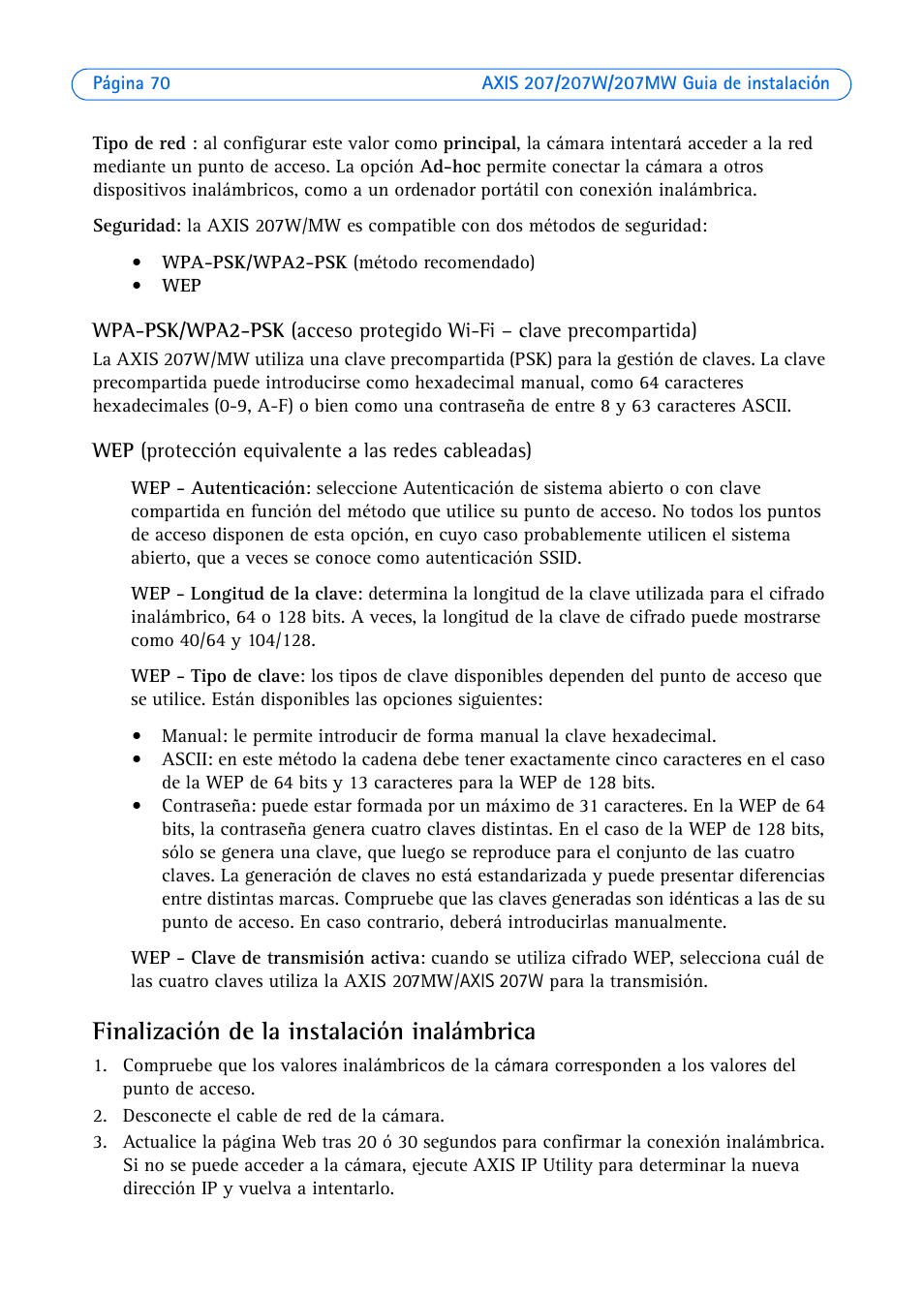 Finalización de la instalación inalámbrica | Axis Communications AXIS 207W User Manual | Page 70 / 73