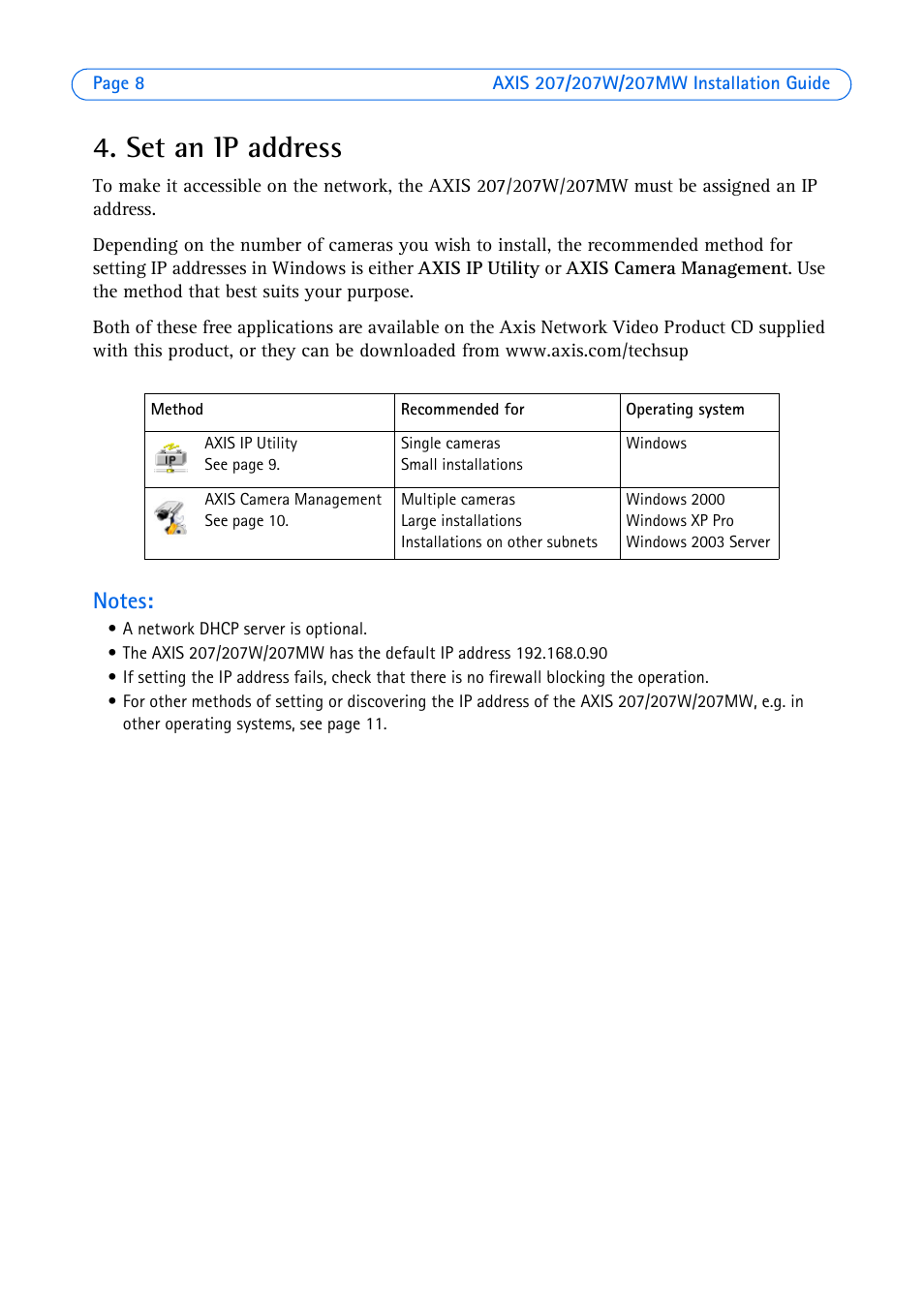 Set an ip address | Axis Communications AXIS 207W User Manual | Page 8 / 73