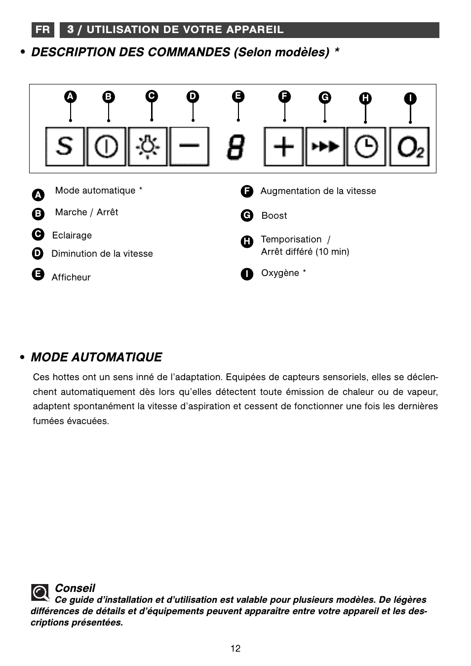 Description des commandes (selon modèles), Mode automatique, Conseil | Fagor CFB-1000AIX User Manual | Page 12 / 76