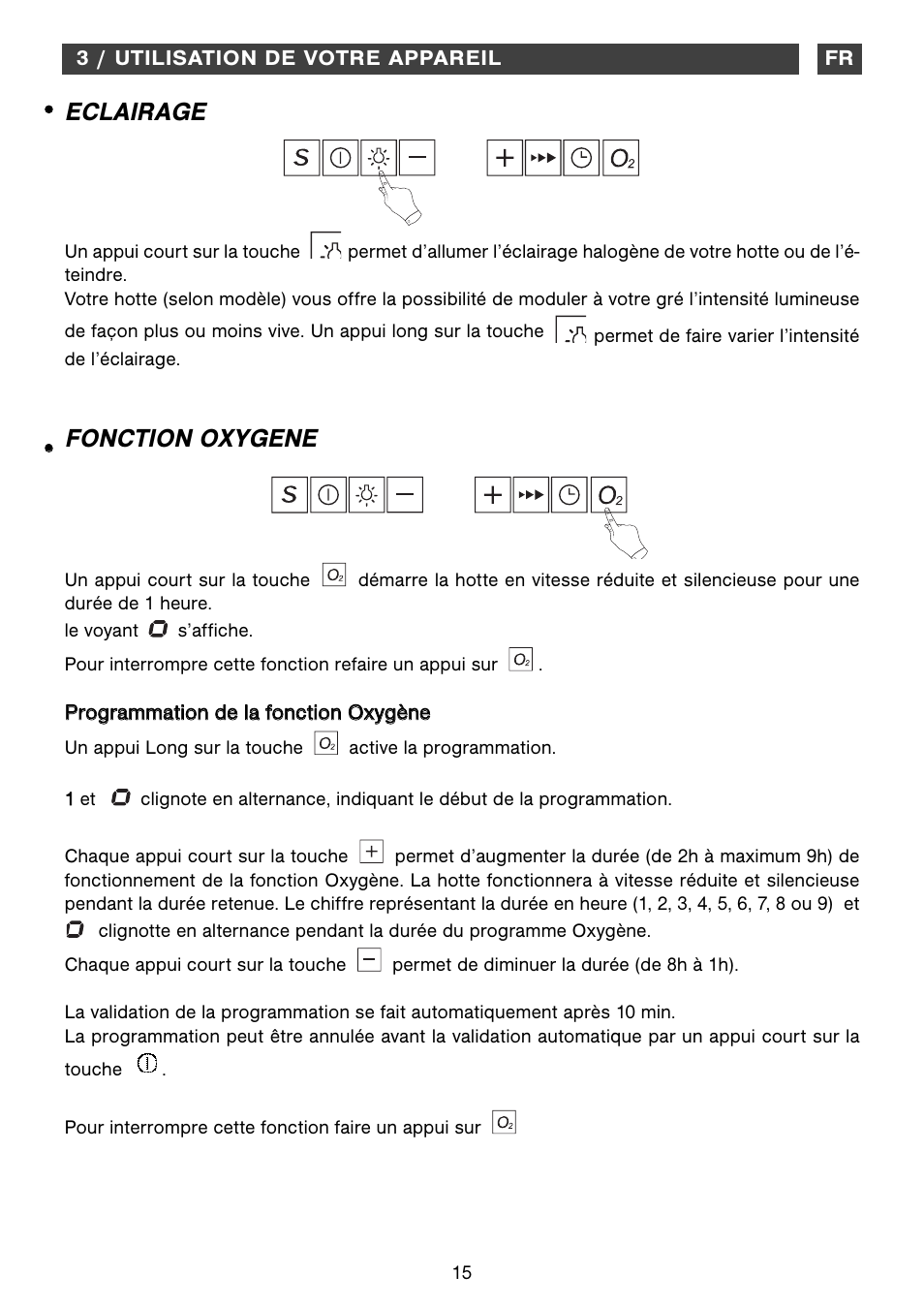 Eclairage, Fonction oxygene | Fagor CFB-1000AIX User Manual | Page 15 / 76