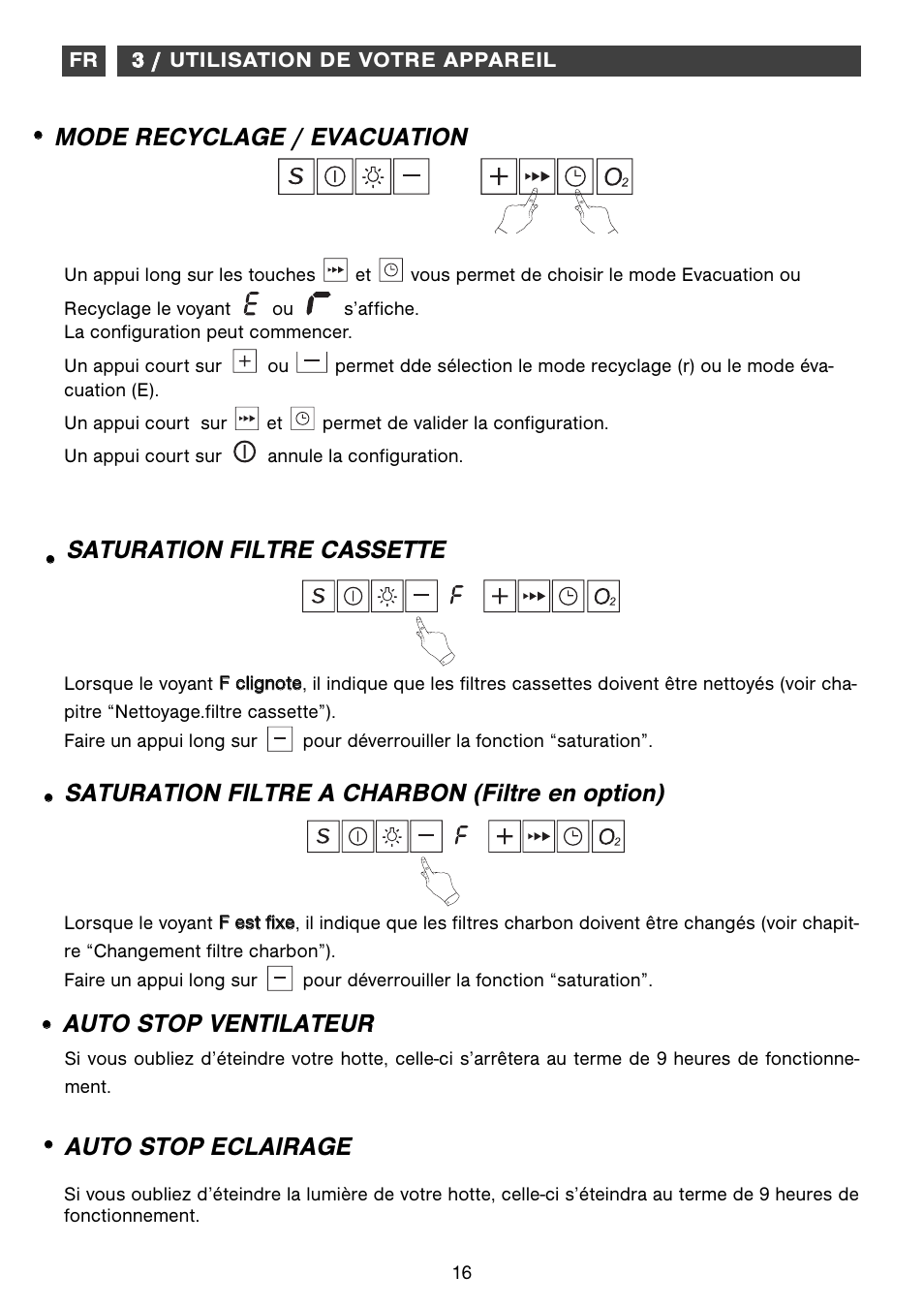 Saturation filtre cassette, Mode recyclage / evacuation | Fagor CFB-1000AIX User Manual | Page 16 / 76