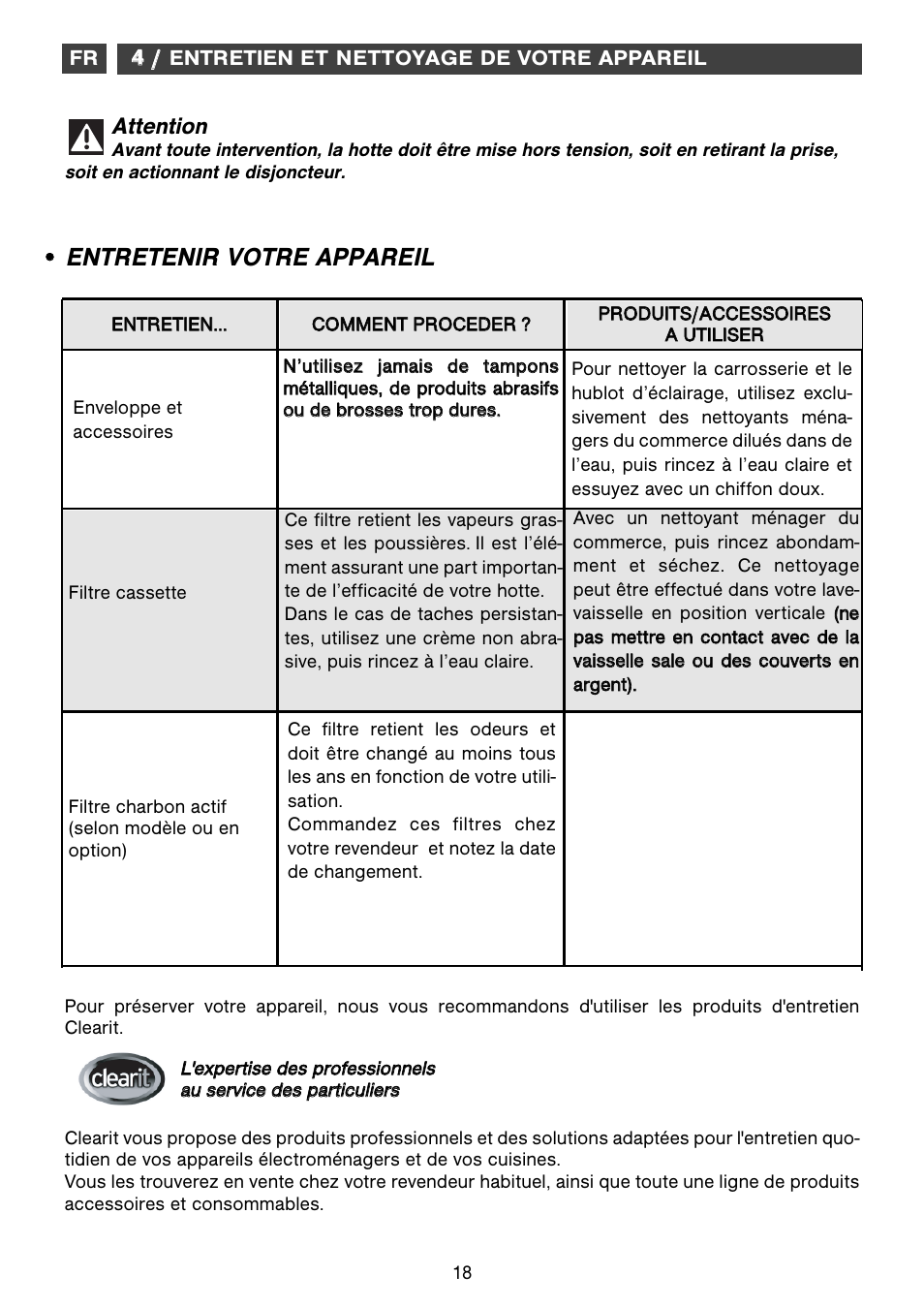 Entretenir votre appareil, Attention | Fagor CFB-1000AIX User Manual | Page 18 / 76