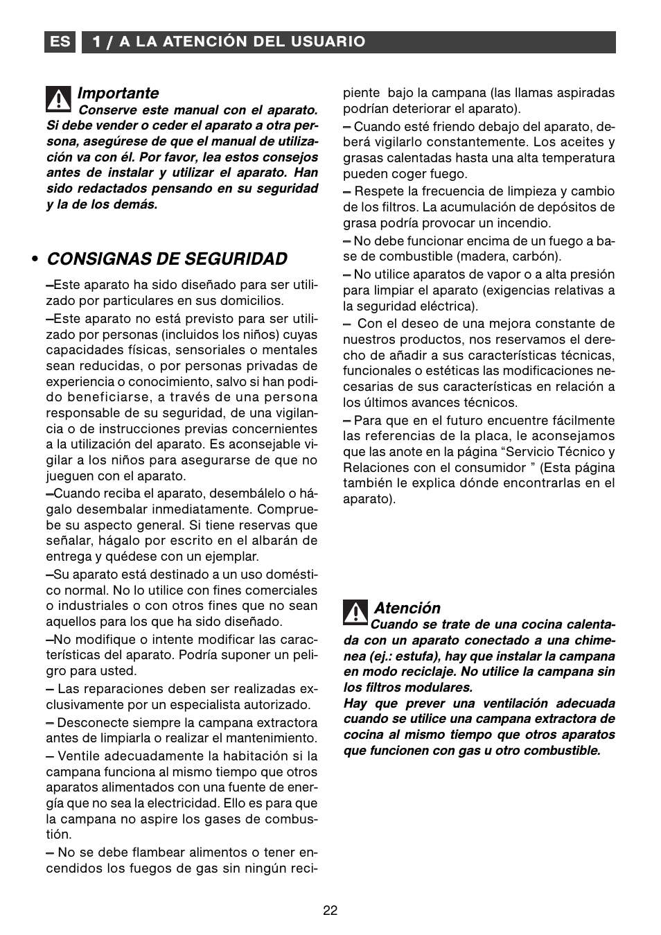 Consignas de seguridad, Importante, Atención | Fagor CFB-1000AIX User Manual | Page 22 / 76