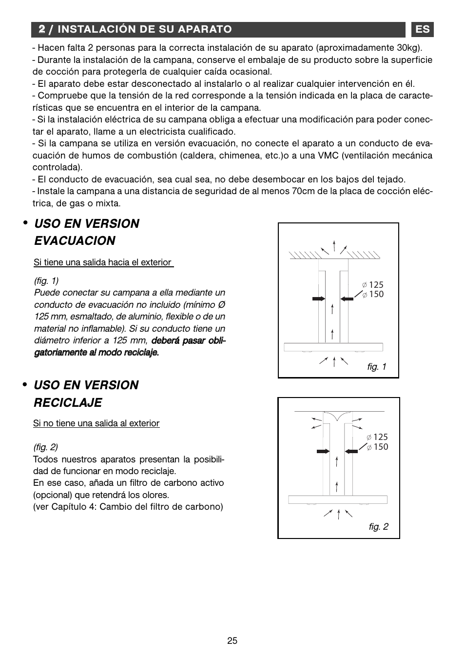 Uso en version evacuacion, Uso en version reciclaje | Fagor CFB-1000AIX User Manual | Page 25 / 76