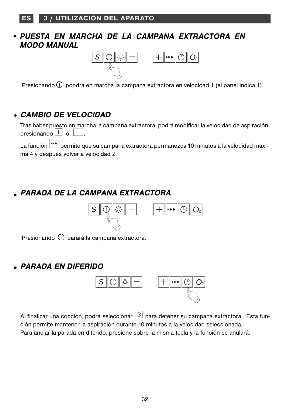 Parada de la campana extractora, Cambio de velocidad, Parada en diferido | Fagor CFB-1000AIX User Manual | Page 32 / 76