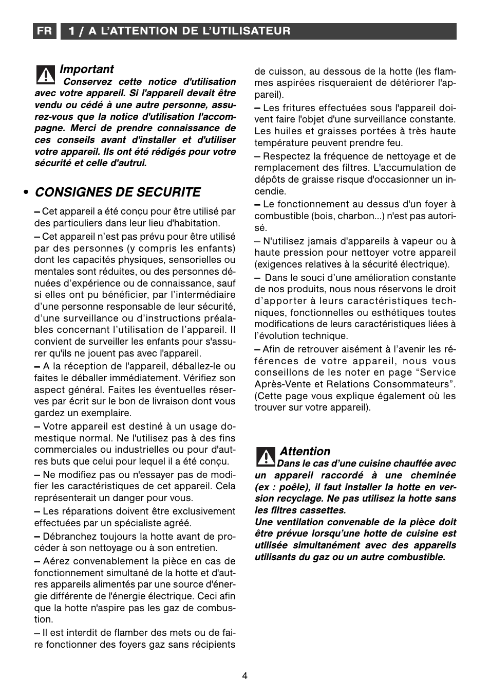 Consignes de securite, Important, Attention | Fagor CFB-1000AIX User Manual | Page 4 / 76