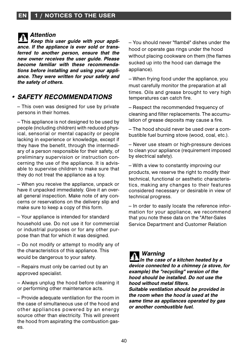 Safety recommendations, Attention, Warning | Fagor CFB-1000AIX User Manual | Page 40 / 76