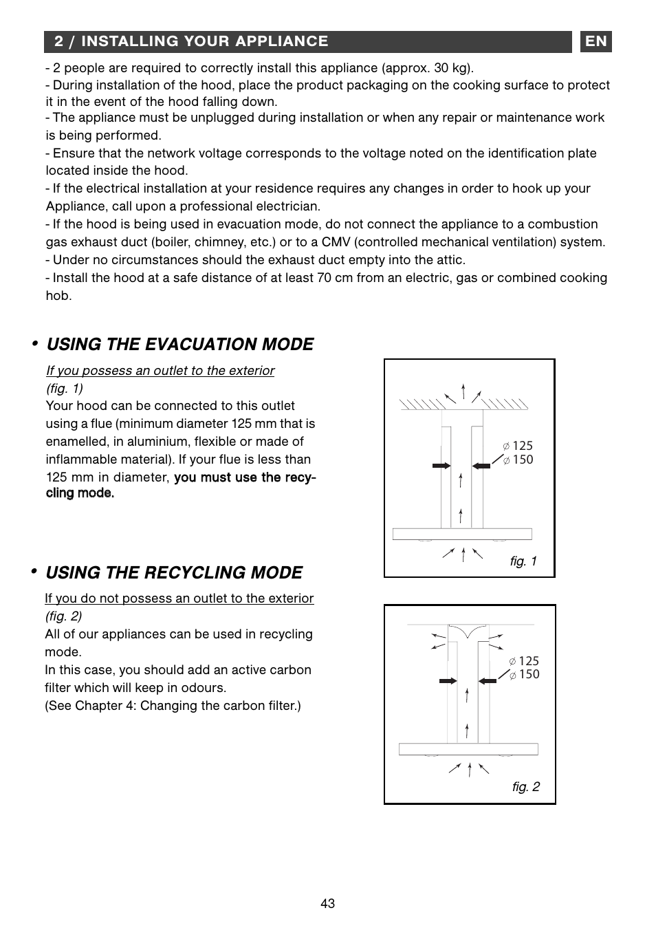 Using the evacuation mode, Using the recycling mode | Fagor CFB-1000AIX User Manual | Page 43 / 76