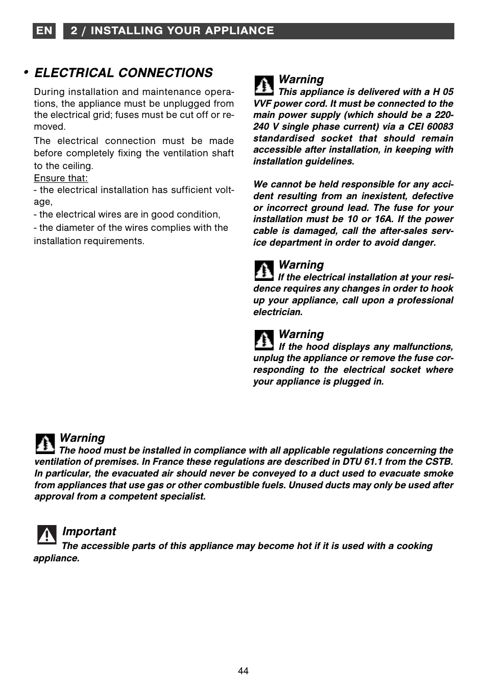 Electrical connections | Fagor CFB-1000AIX User Manual | Page 44 / 76
