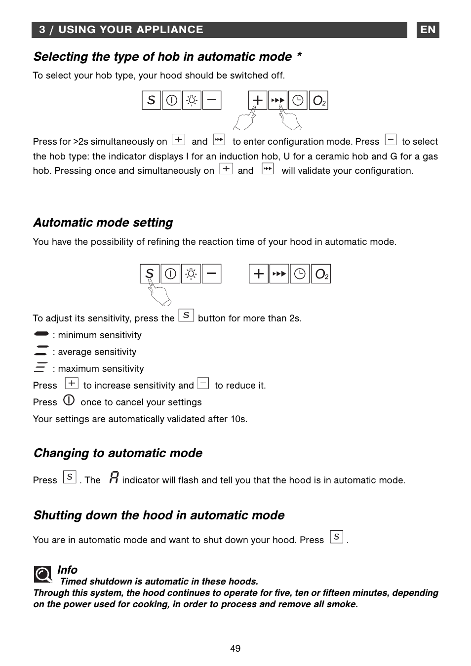 Selecting the type of hob in automatic mode, Automatic mode setting, Info | Fagor CFB-1000AIX User Manual | Page 49 / 76