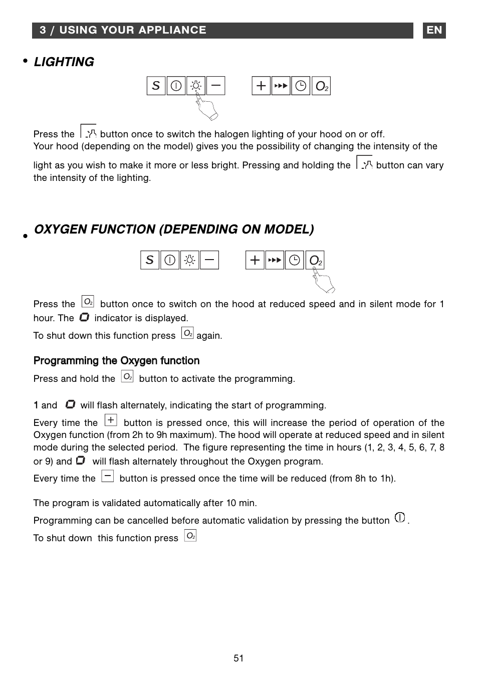 Lighting, Oxygen function (depending on model) | Fagor CFB-1000AIX User Manual | Page 51 / 76