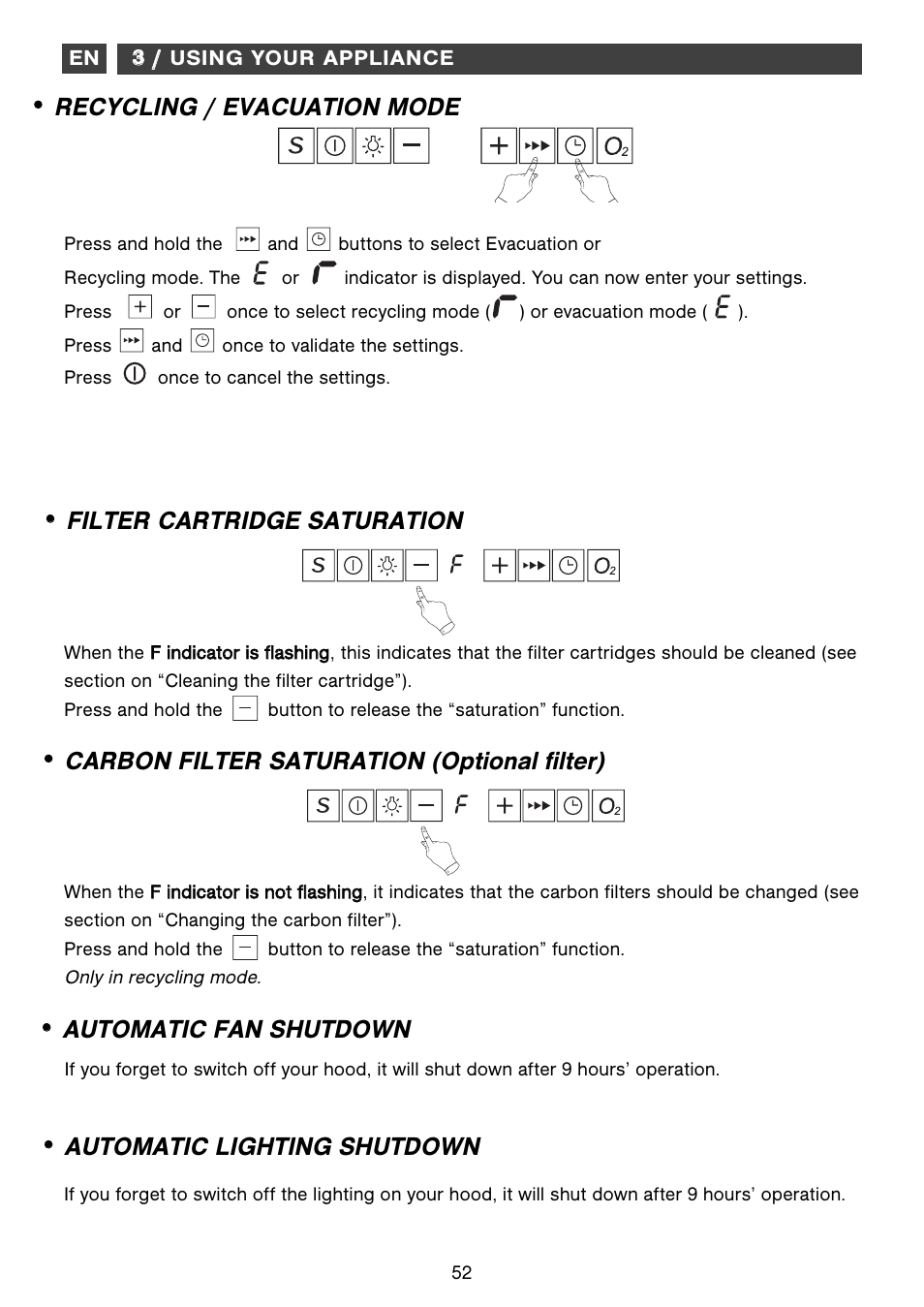 Filter cartridge saturation, Recycling / evacuation mode | Fagor CFB-1000AIX User Manual | Page 52 / 76