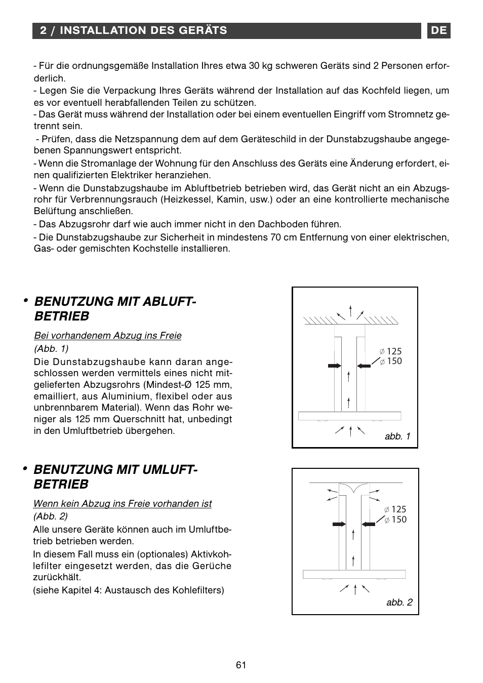 Benutzung mit abluft- betrieb, Benutzung mit umluft- betrieb | Fagor CFB-1000AIX User Manual | Page 61 / 76