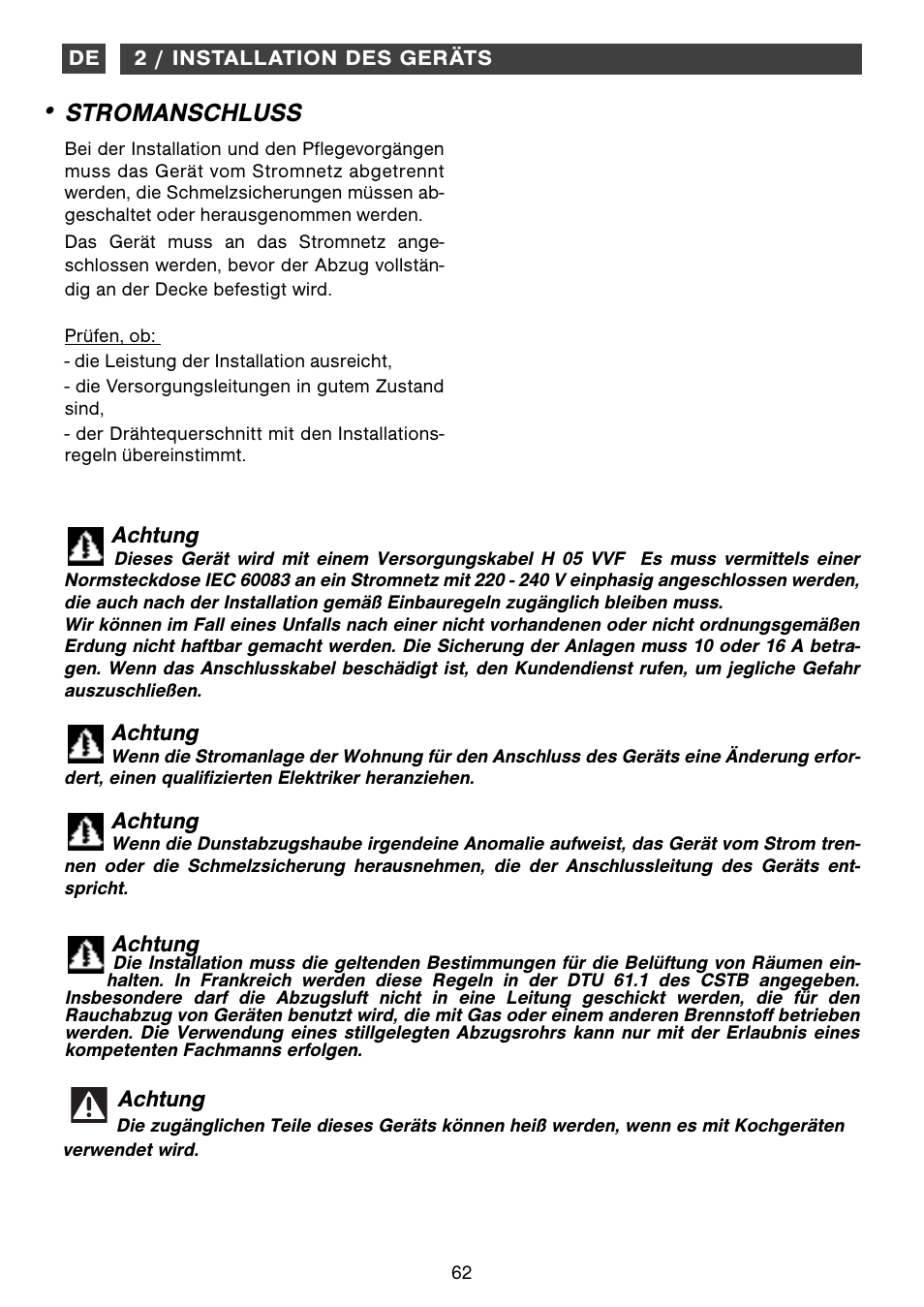 Stromanschluss, Achtung | Fagor CFB-1000AIX User Manual | Page 62 / 76