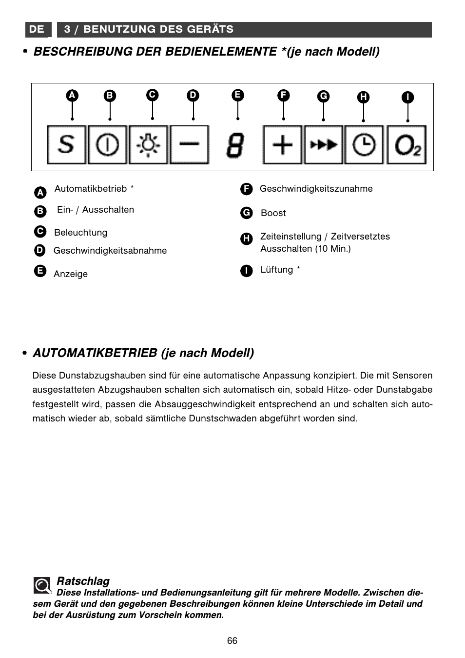Beschreibung der bedienelemente *(je nach modell), Automatikbetrieb (je nach modell), Ratschlag | Fagor CFB-1000AIX User Manual | Page 66 / 76
