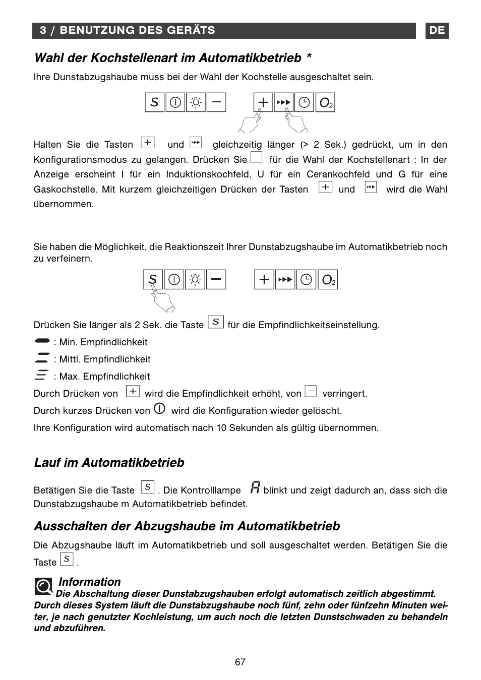 Wahl der kochstellenart im automatikbetrieb, Information | Fagor CFB-1000AIX User Manual | Page 67 / 76